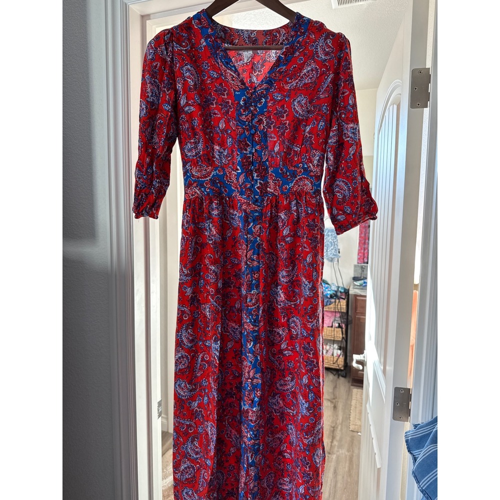 Japna Womens Red Blue Paisley Floral Rayon Maxi Dress V-Neck Smocked Waist L - Picture 3 of 11